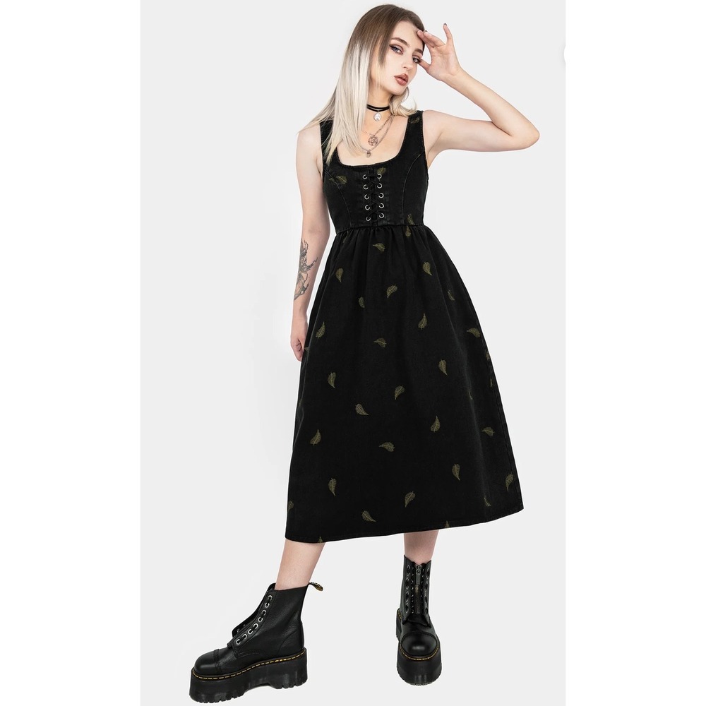 Disturbia Sz 16 Midi Pinafore Dress Black Cotton Blend Osmunda Fern Embroidered